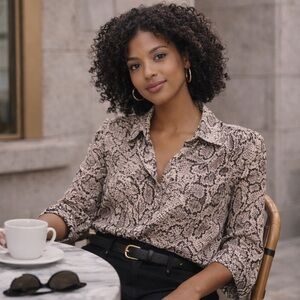 Rails Rebel Ivory Snakeskin Silk Classic Animal Print Button Down Blouse Large